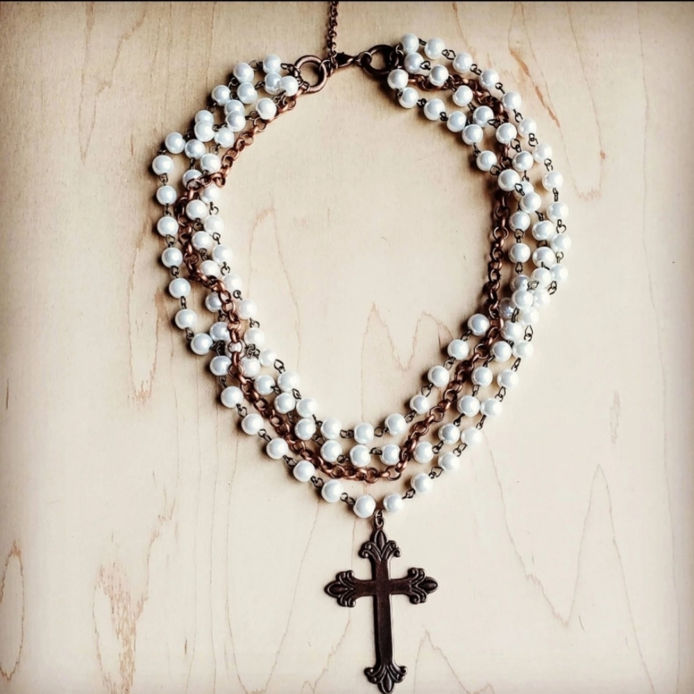 Elegant White Pearl Necklace with Copper Cross Pendant